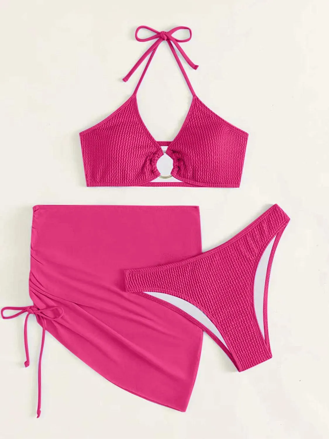 Ring Halter Bikini With Skirt Three Piece Swim Set