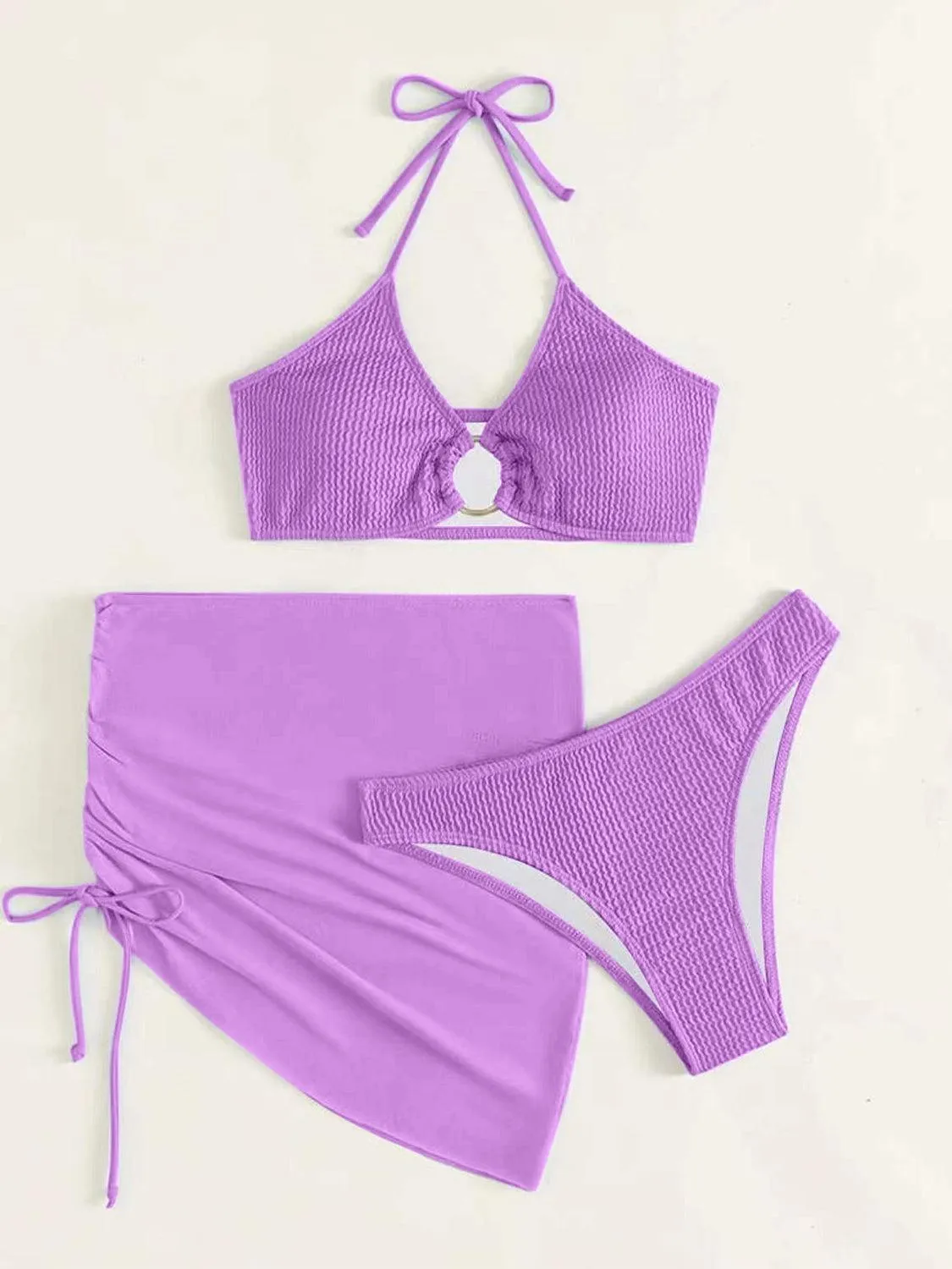 Ring Halter Bikini With Skirt Three Piece Swim Set