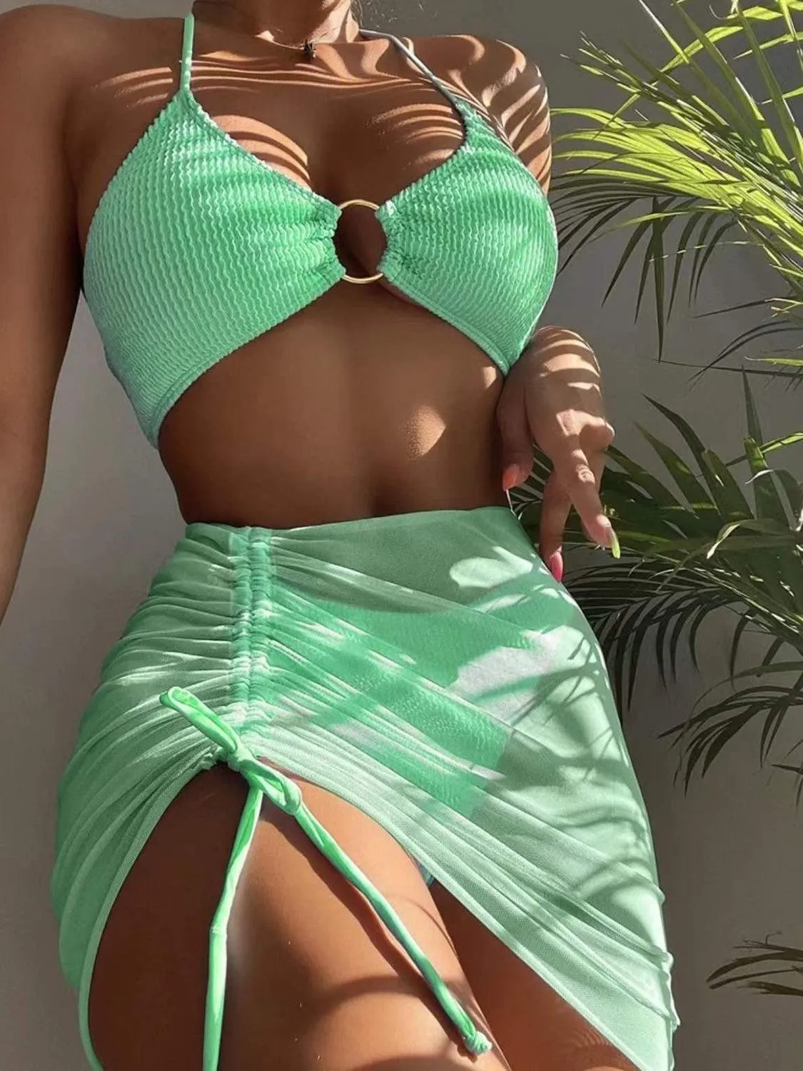 Ring Halter Bikini With Skirt Three Piece Swim Set