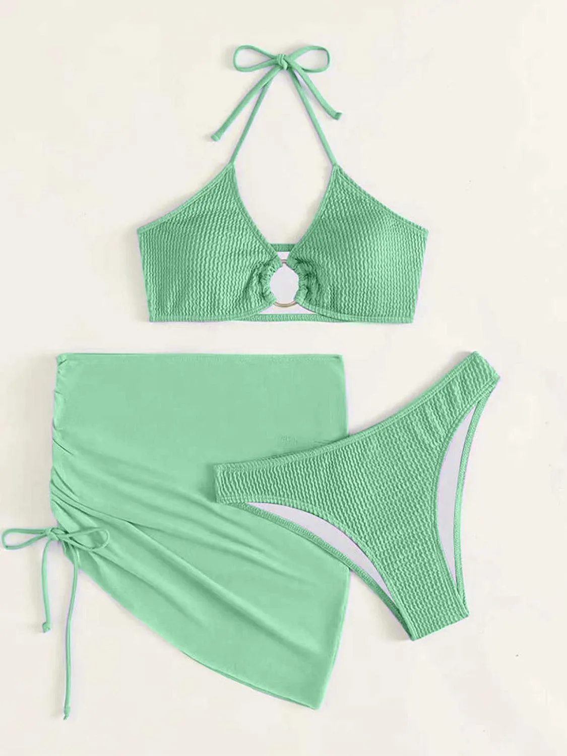 Ring Halter Bikini With Skirt Three Piece Swim Set