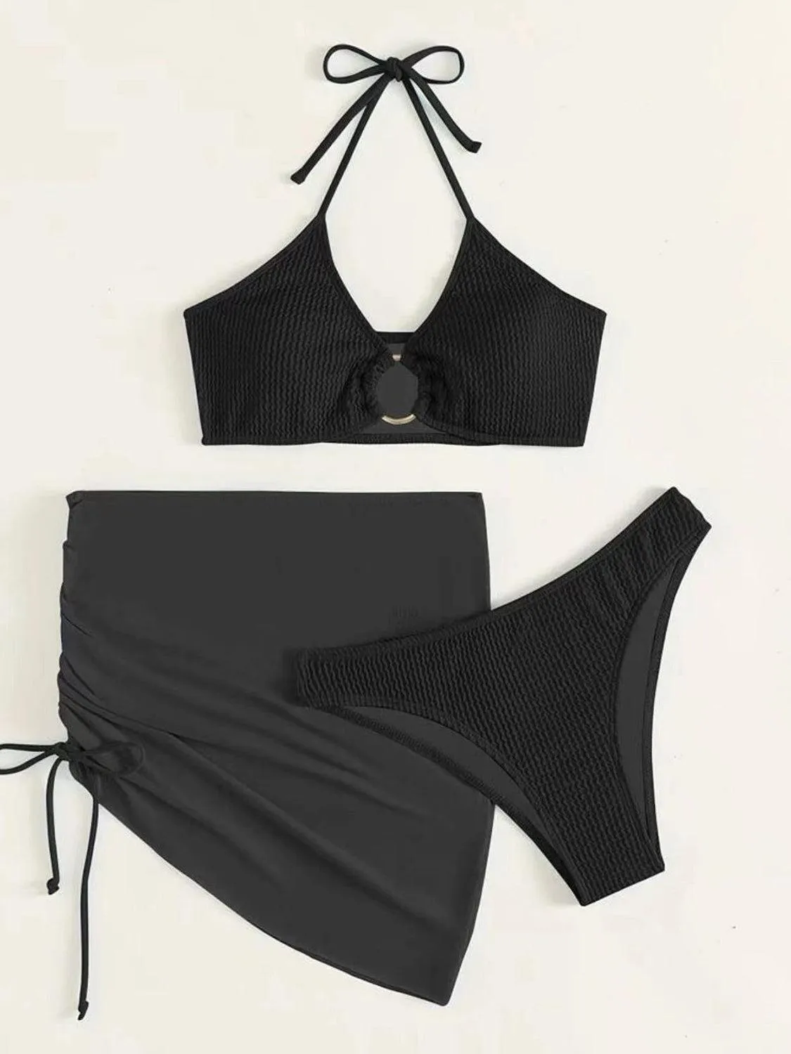 Ring Halter Bikini With Skirt Three Piece Swim Set