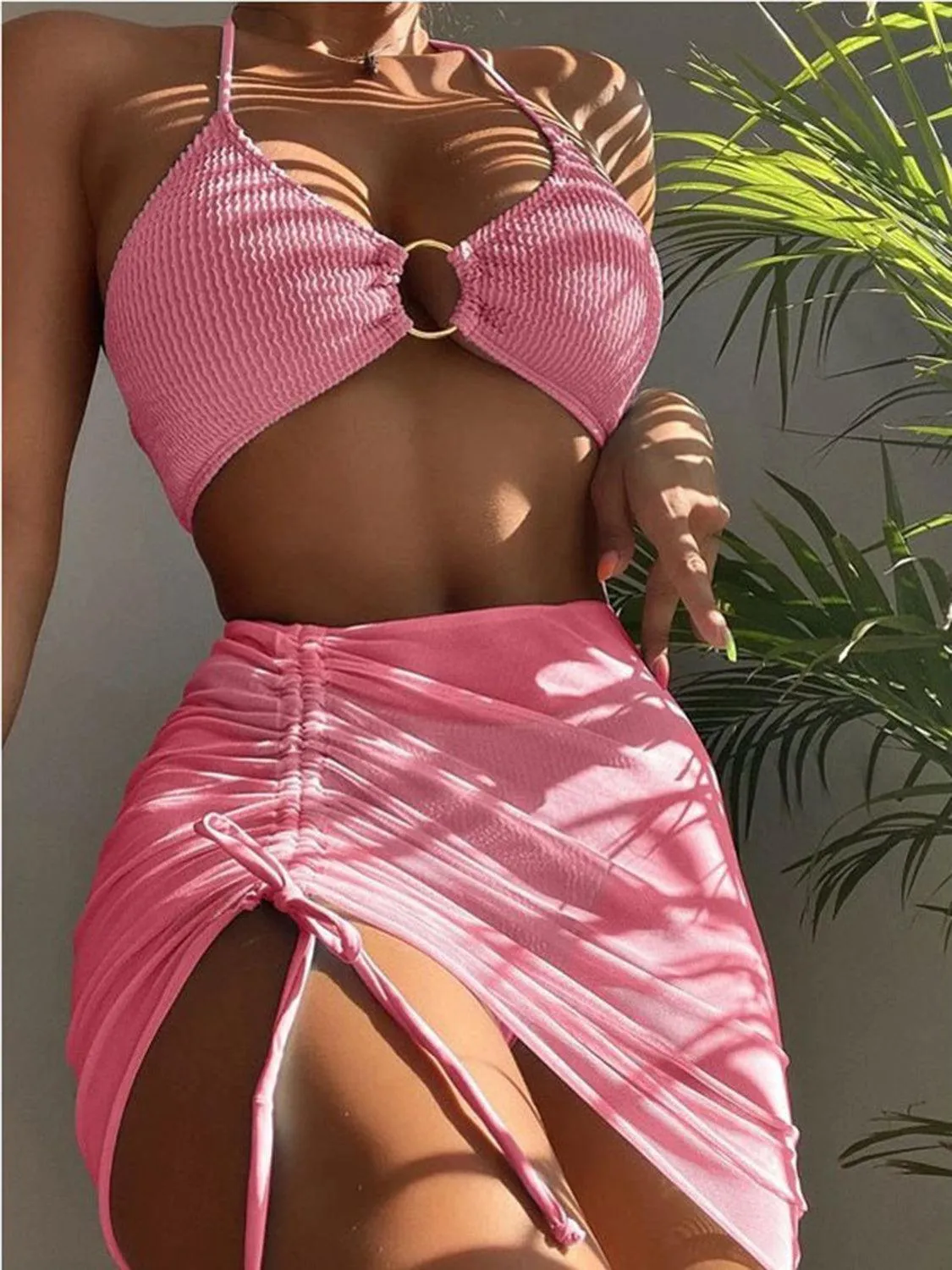 Ring Halter Bikini With Skirt Three Piece Swim Set