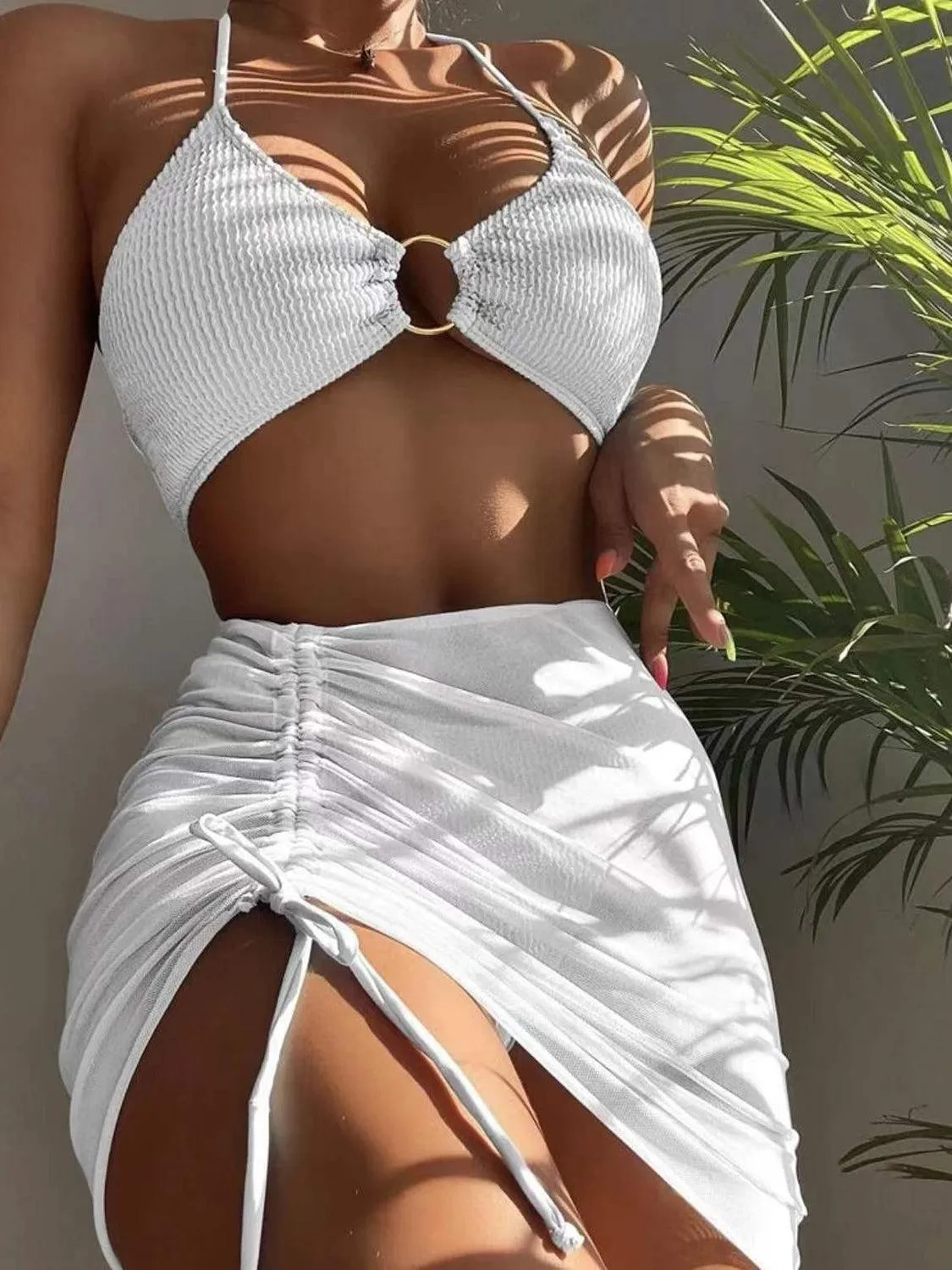 Ring Halter Bikini With Skirt Three Piece Swim Set