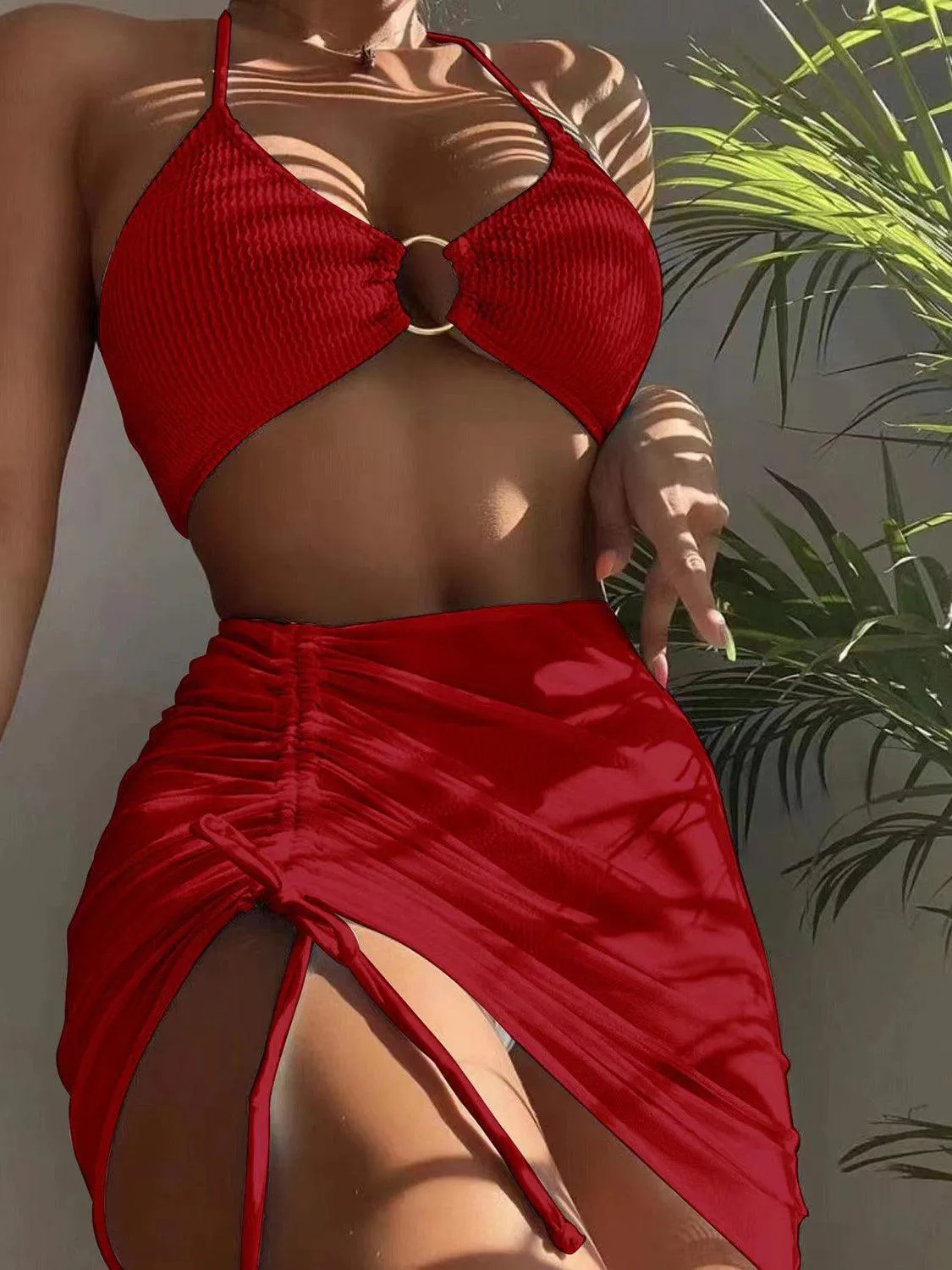 Ring Halter Bikini With Skirt Three Piece Swim Set