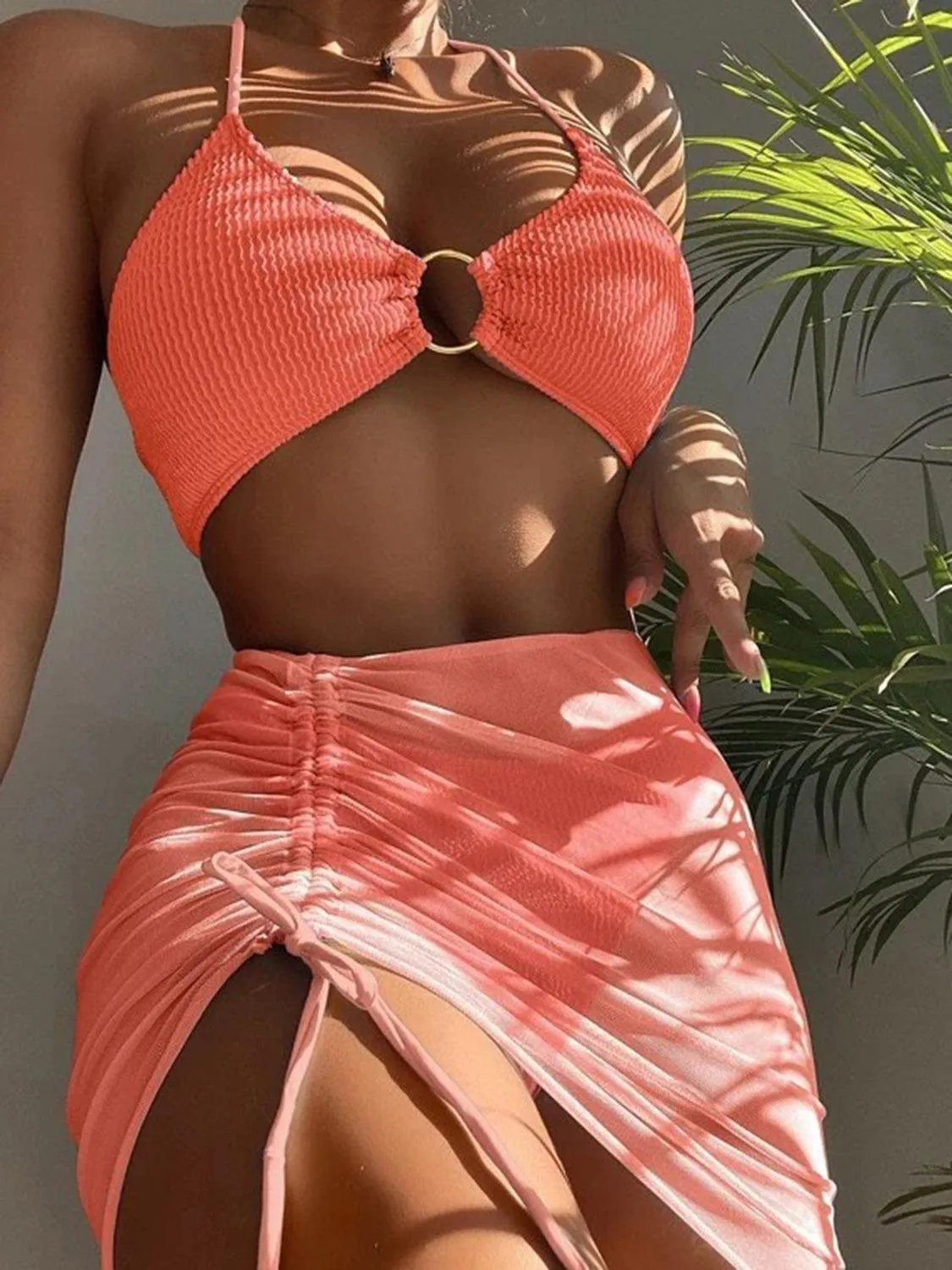 Ring Halter Bikini With Skirt Three Piece Swim Set