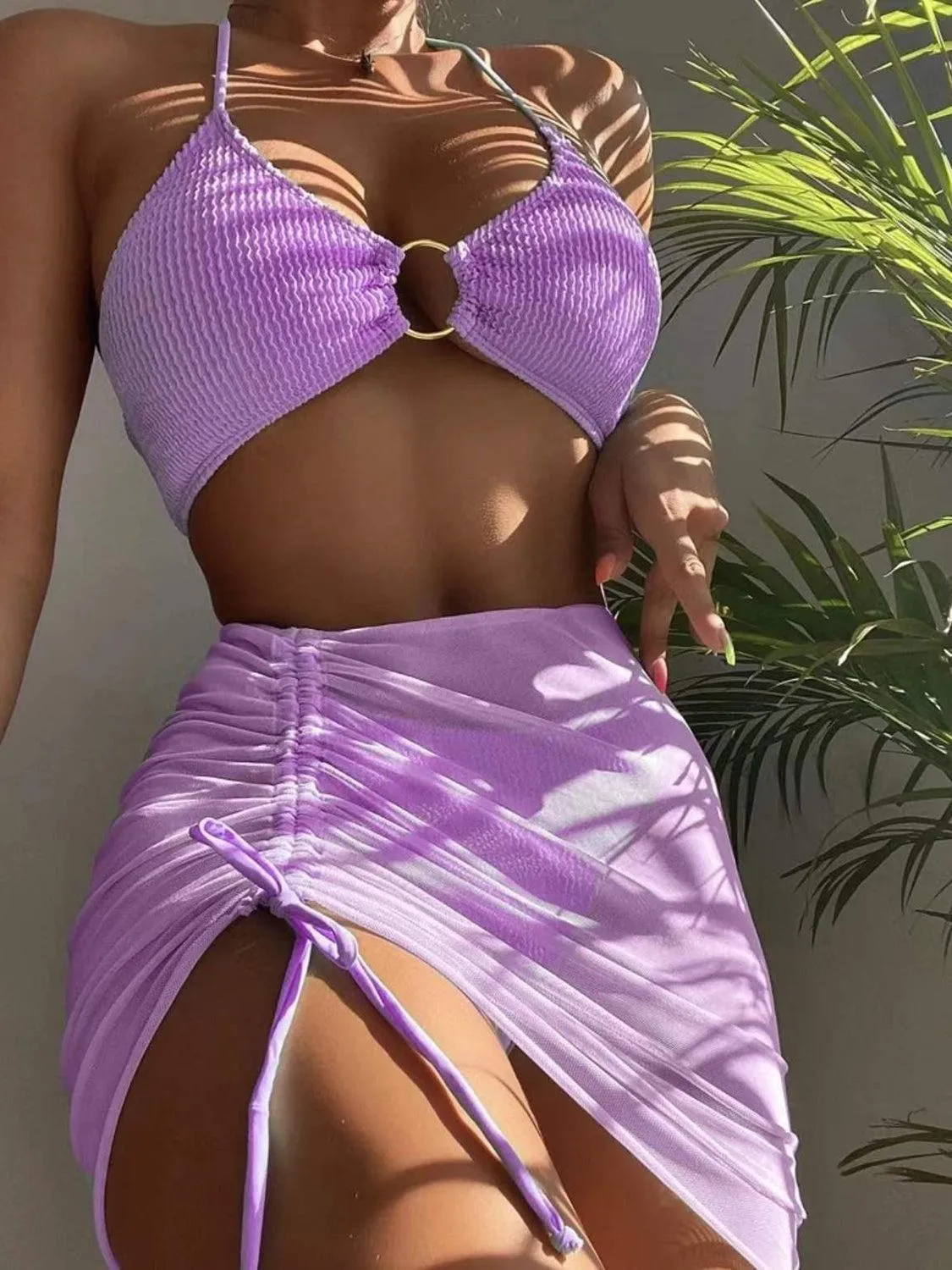 Ring Halter Bikini With Skirt Three Piece Swim Set