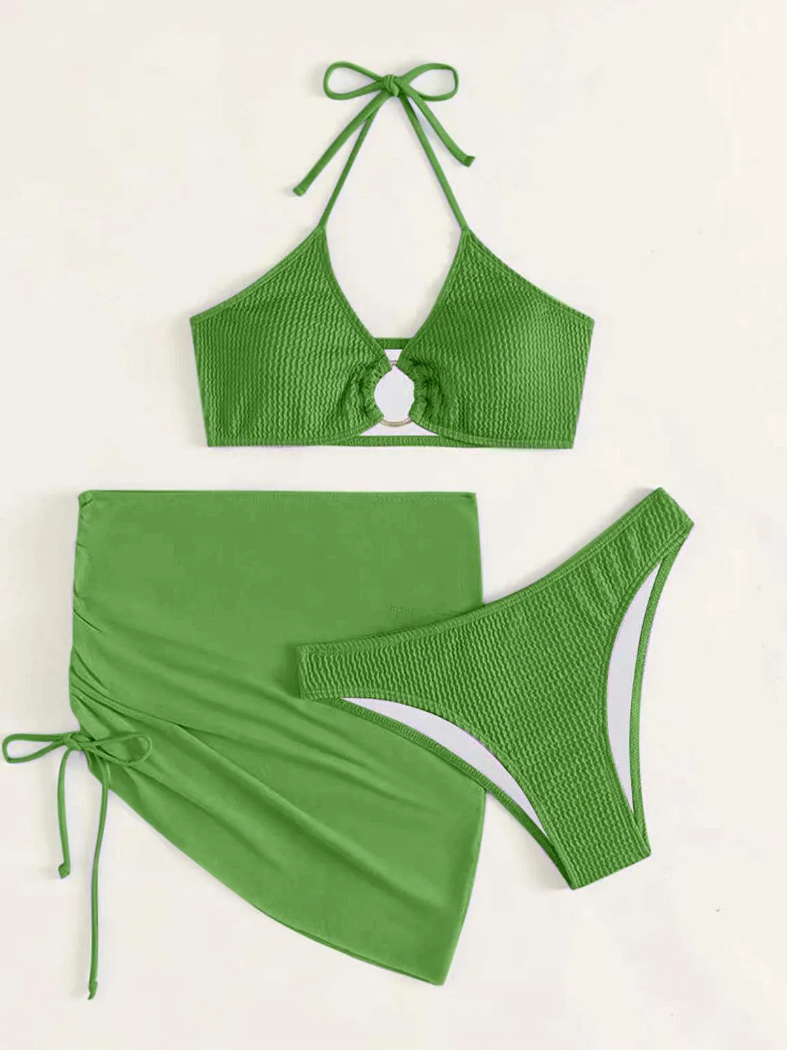 Ring Halter Bikini With Skirt Three Piece Swim Set