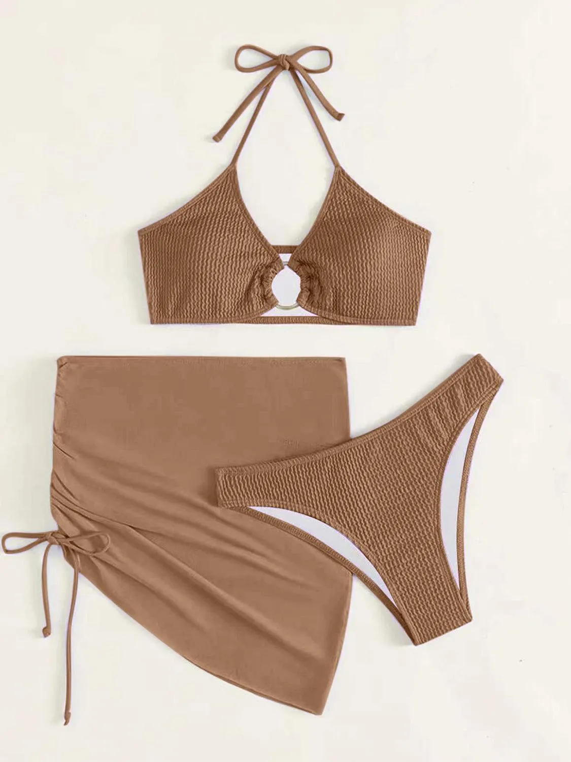 Ring Halter Bikini With Skirt Three Piece Swim Set