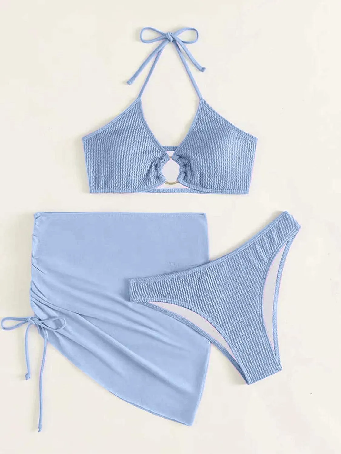 Ring Halter Bikini With Skirt Three Piece Swim Set
