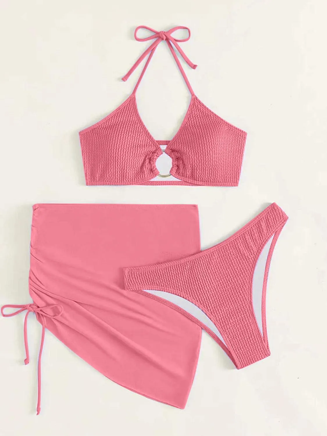 Ring Halter Bikini With Skirt Three Piece Swim Set