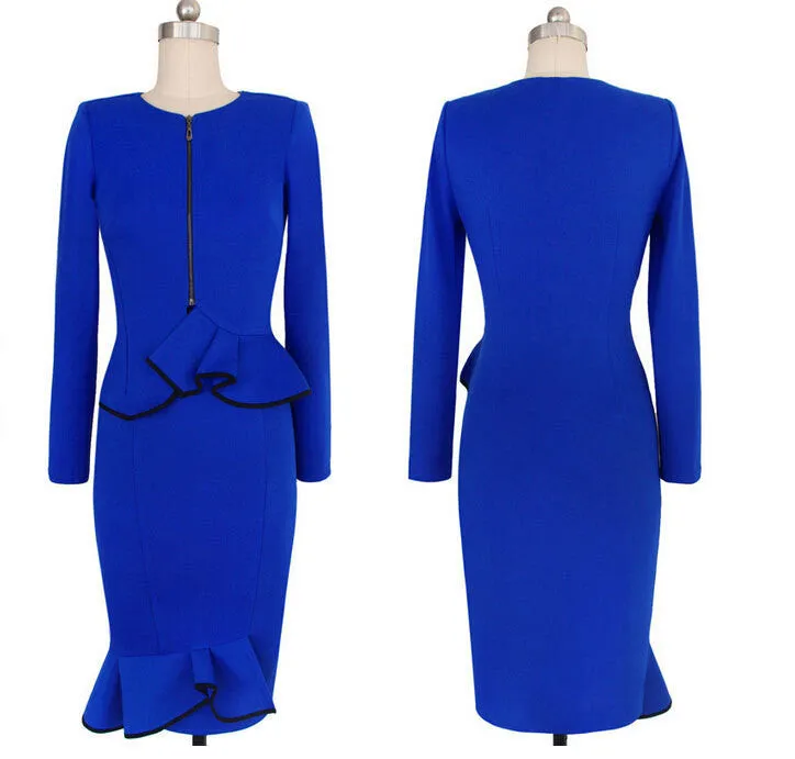 Scoop Ruffle Long Sleeve Mid-Calf Plus Size Pencil Dress