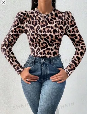 Shein Chic Leopard Print Ruffle Sleeve Fitted Long Sleeve T-Shirt /