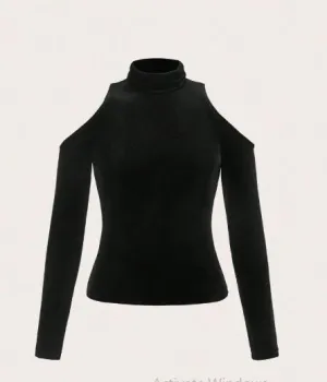 Shein Turtleneck Pile Neck Sequins Off The Shoulder Long Sleeves Top  