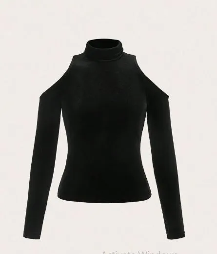 Shein Turtleneck Pile Neck Sequins Off The Shoulder Long Sleeves Top  