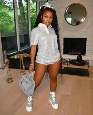 Shimmery Solid Turn Down Collar Shirt and Mini Shorts