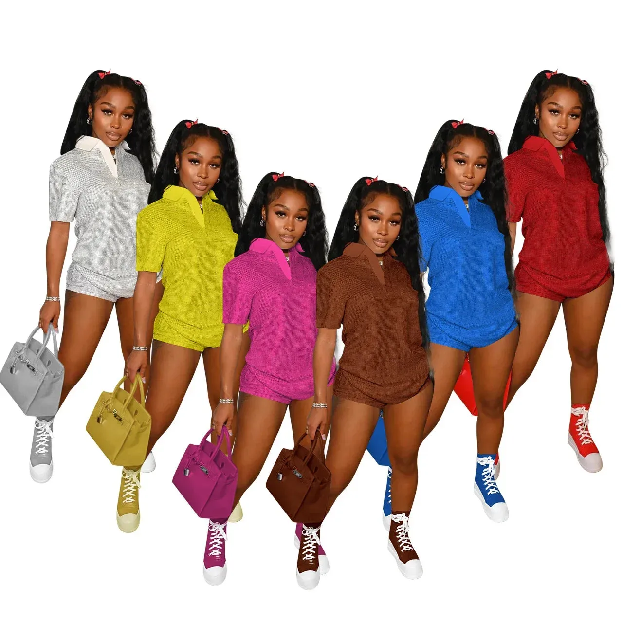 Shimmery Solid Turn Down Collar Shirt and Mini Shorts