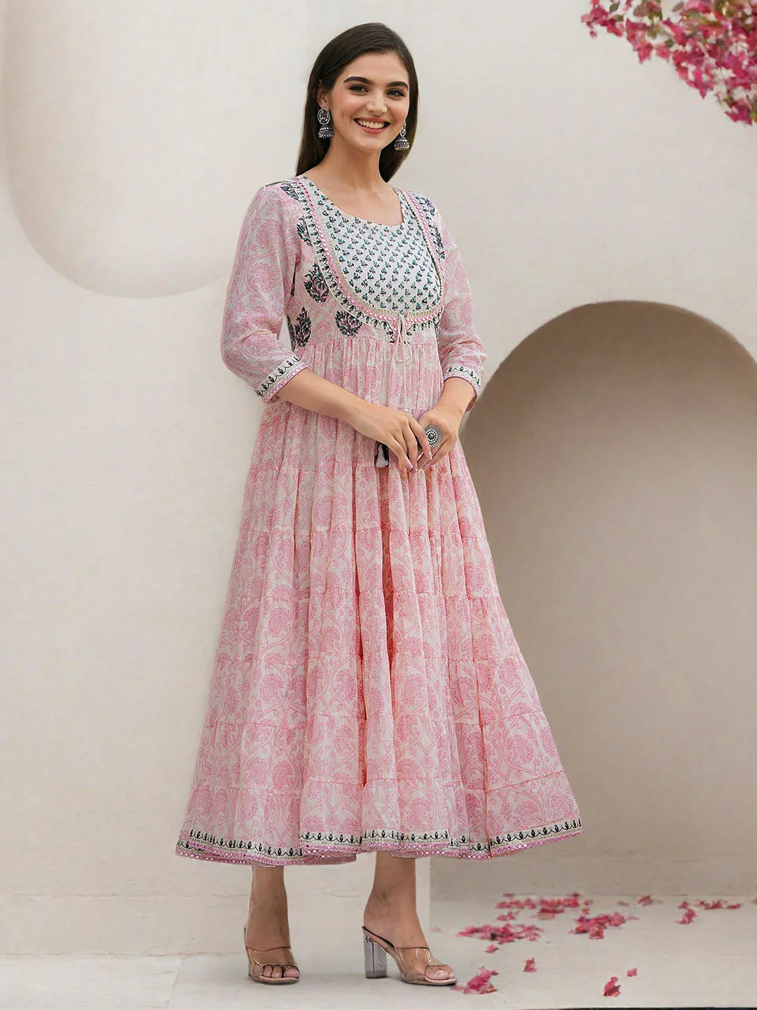 Soft Off-White Cotton Embroidered Fit & Flare Dress