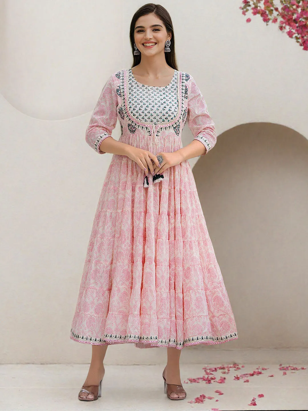 Soft Off-White Cotton Embroidered Fit & Flare Dress
