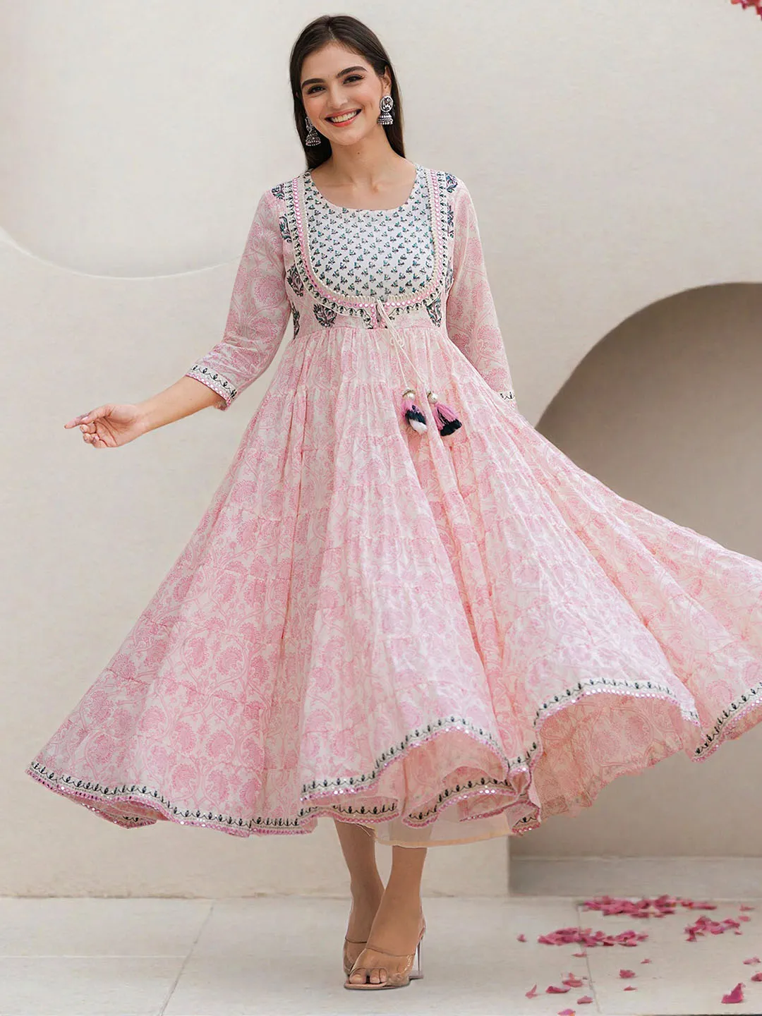 Soft Off-White Cotton Embroidered Fit & Flare Dress