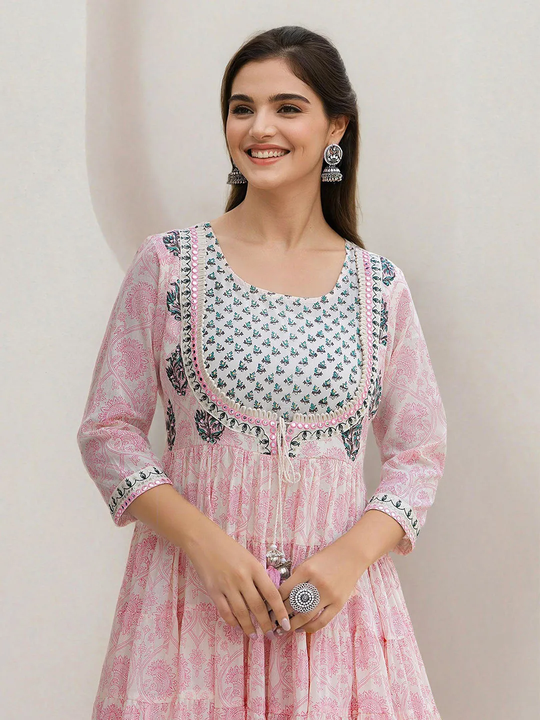 Soft Off-White Cotton Embroidered Fit & Flare Dress