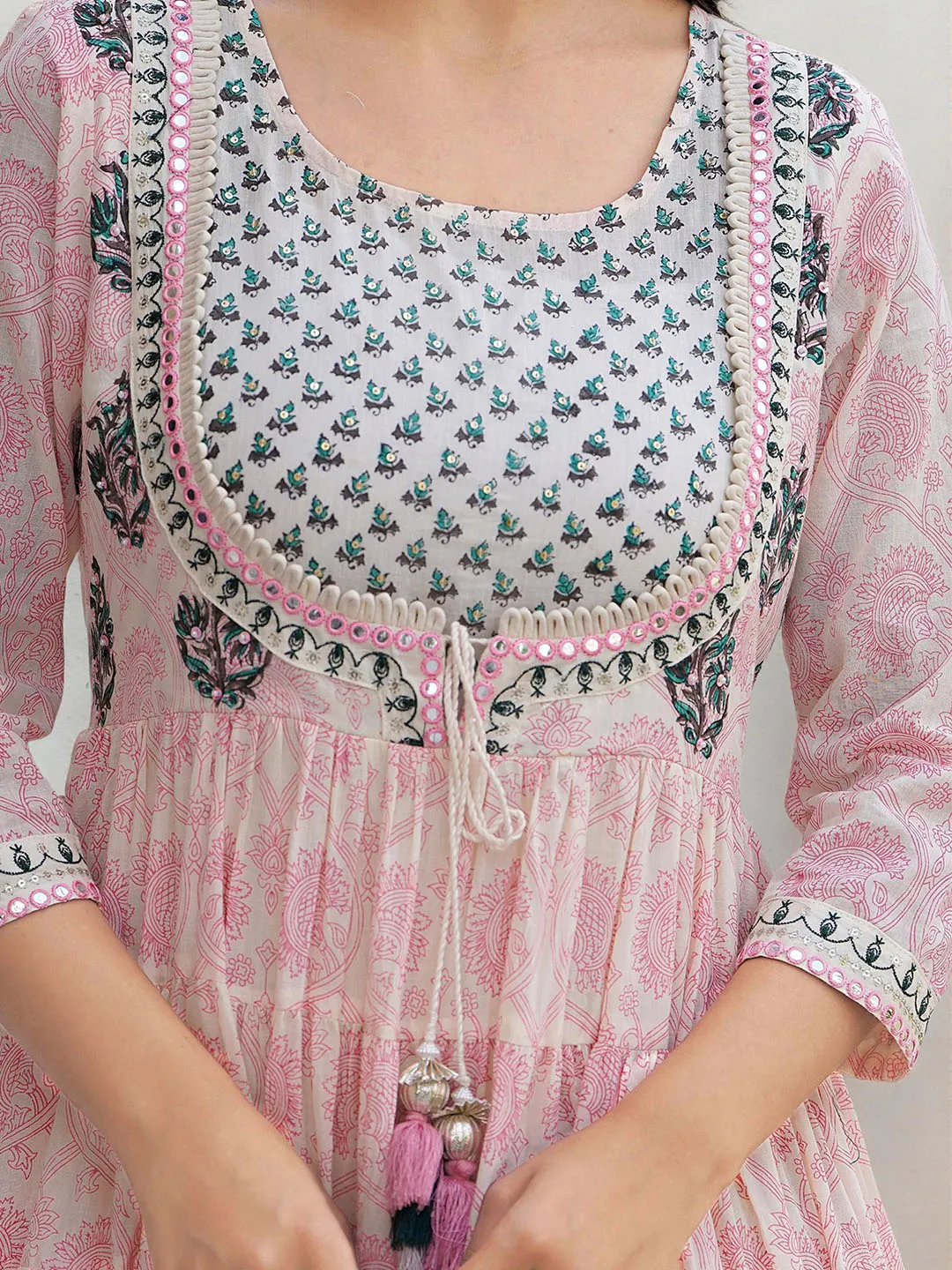 Soft Off-White Cotton Embroidered Fit & Flare Dress
