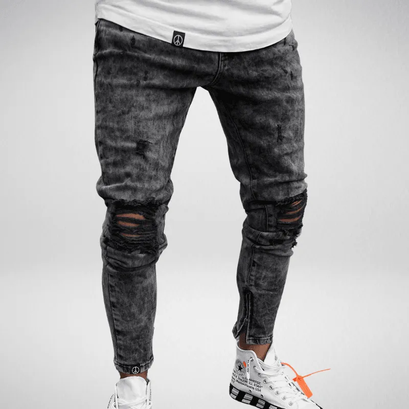 Stonewash Shredded Knee Stretchy Denim Jeans
