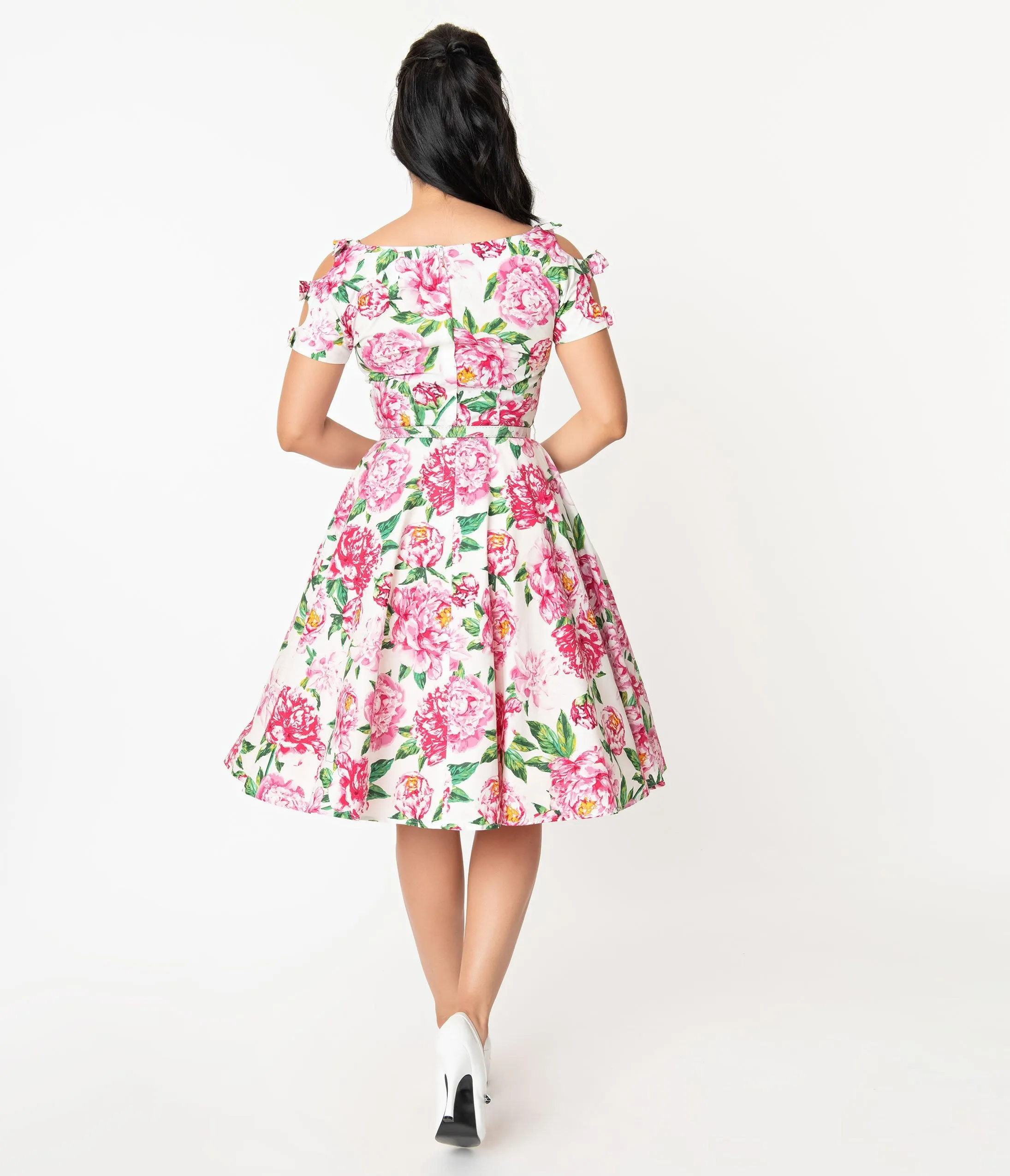 Unique Vintage 1950s White & Pink Floral Selma Swing Dress