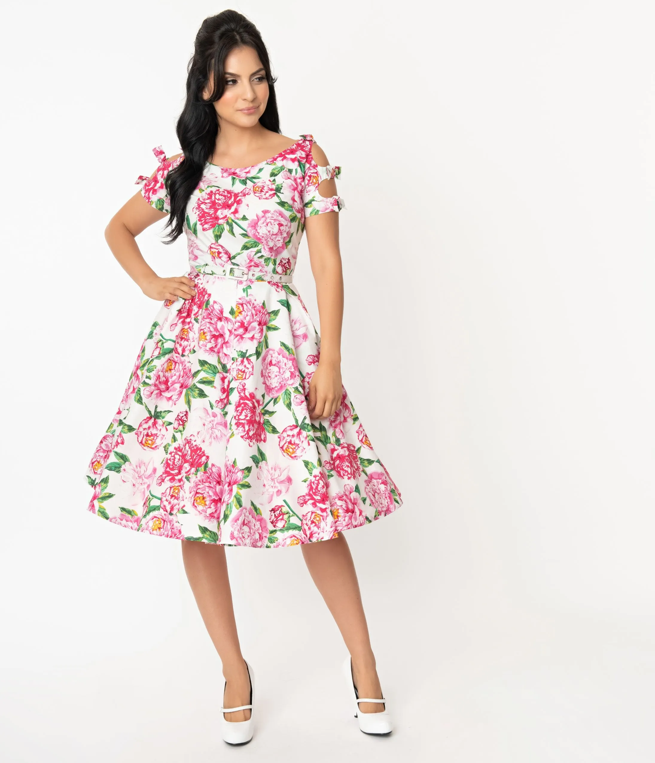 Unique Vintage 1950s White & Pink Floral Selma Swing Dress