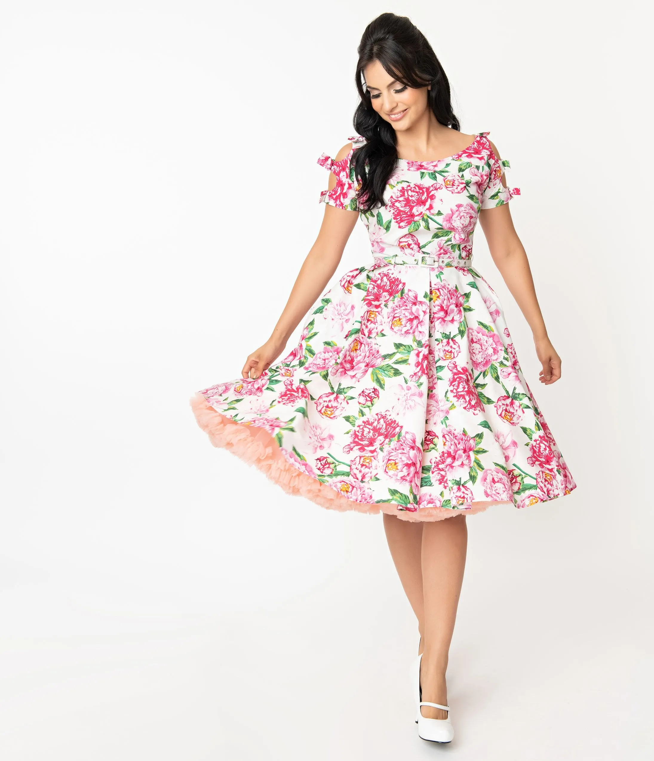 Unique Vintage 1950s White & Pink Floral Selma Swing Dress