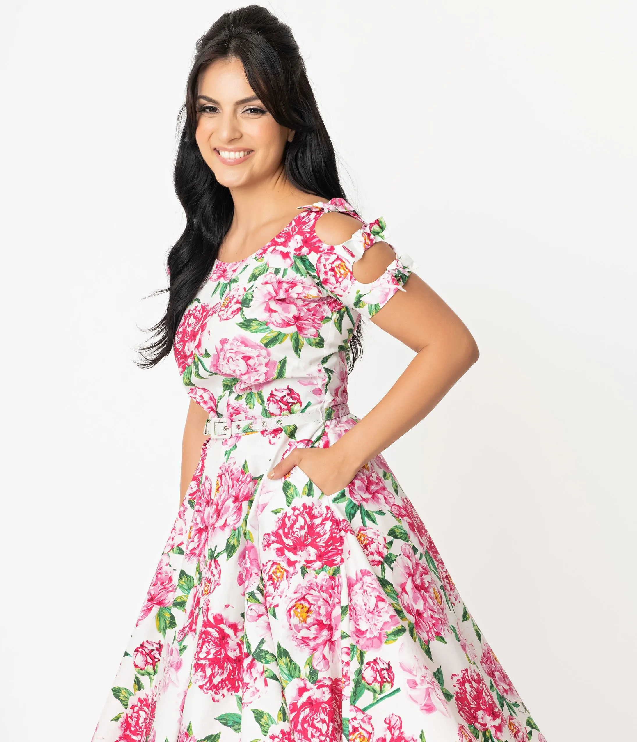 Unique Vintage 1950s White & Pink Floral Selma Swing Dress