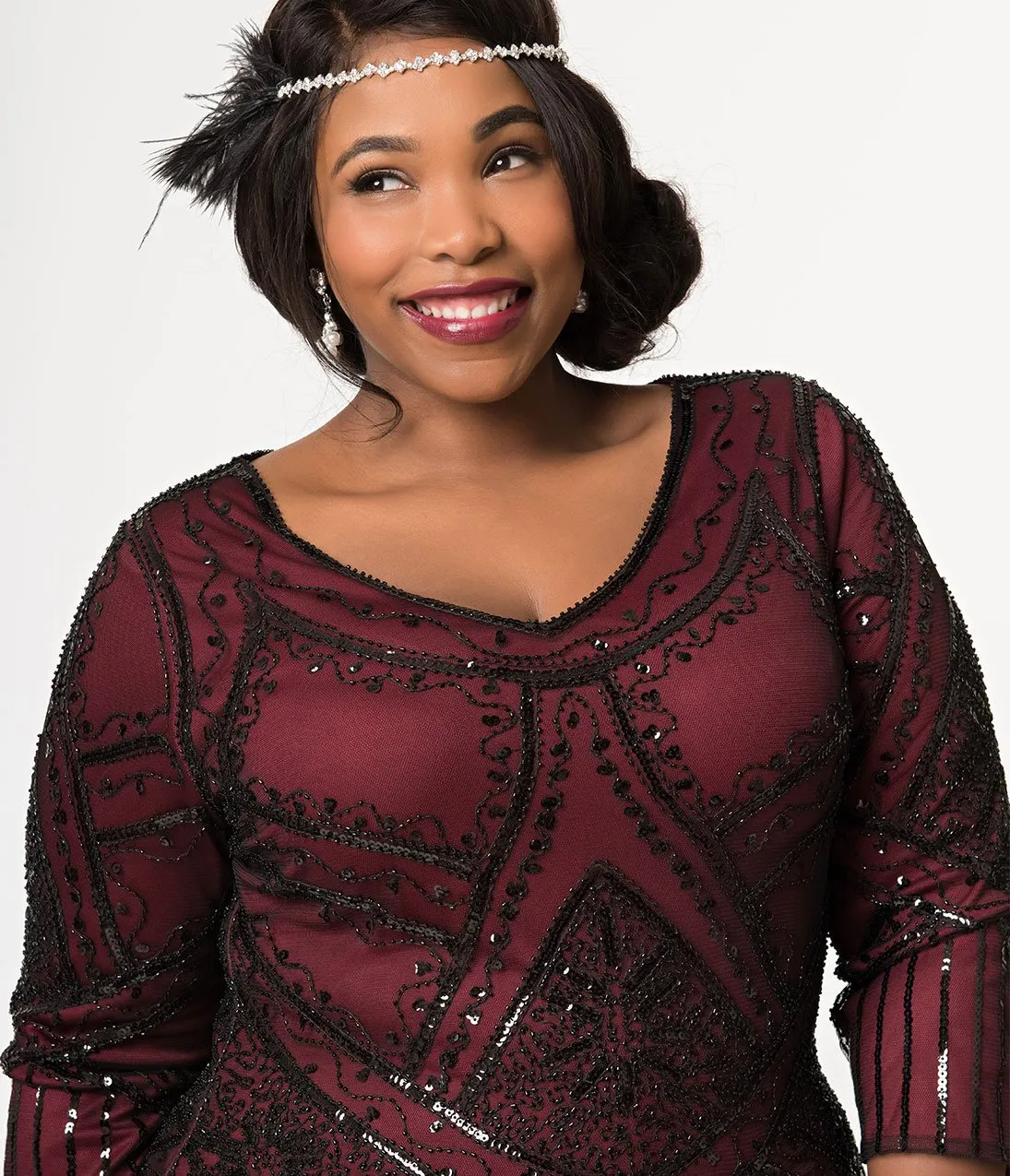 Unique Vintage Plus Size 1920s Burgundy Beaded Sleeved Noemie Fringe Flapper Dress