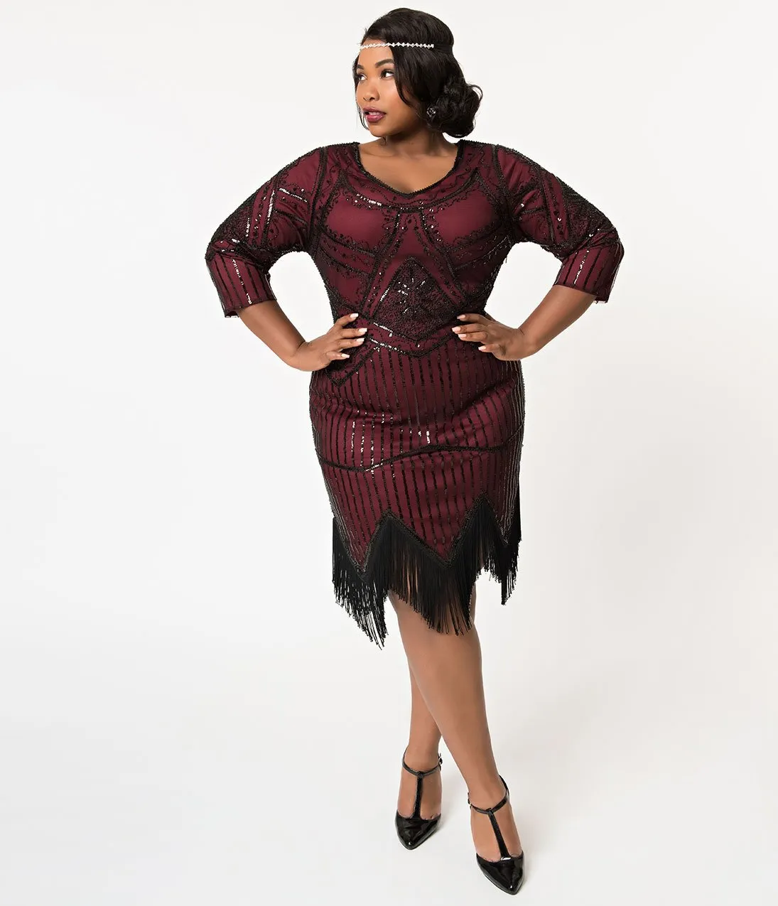 Unique Vintage Plus Size 1920s Burgundy Beaded Sleeved Noemie Fringe Flapper Dress