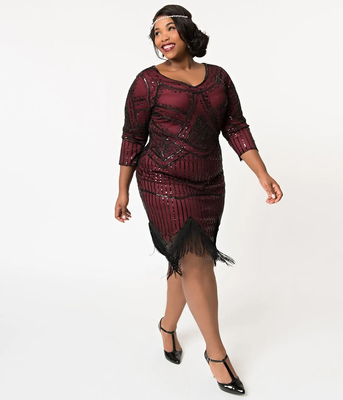 Unique Vintage Plus Size 1920s Burgundy Beaded Sleeved Noemie Fringe Flapper Dress