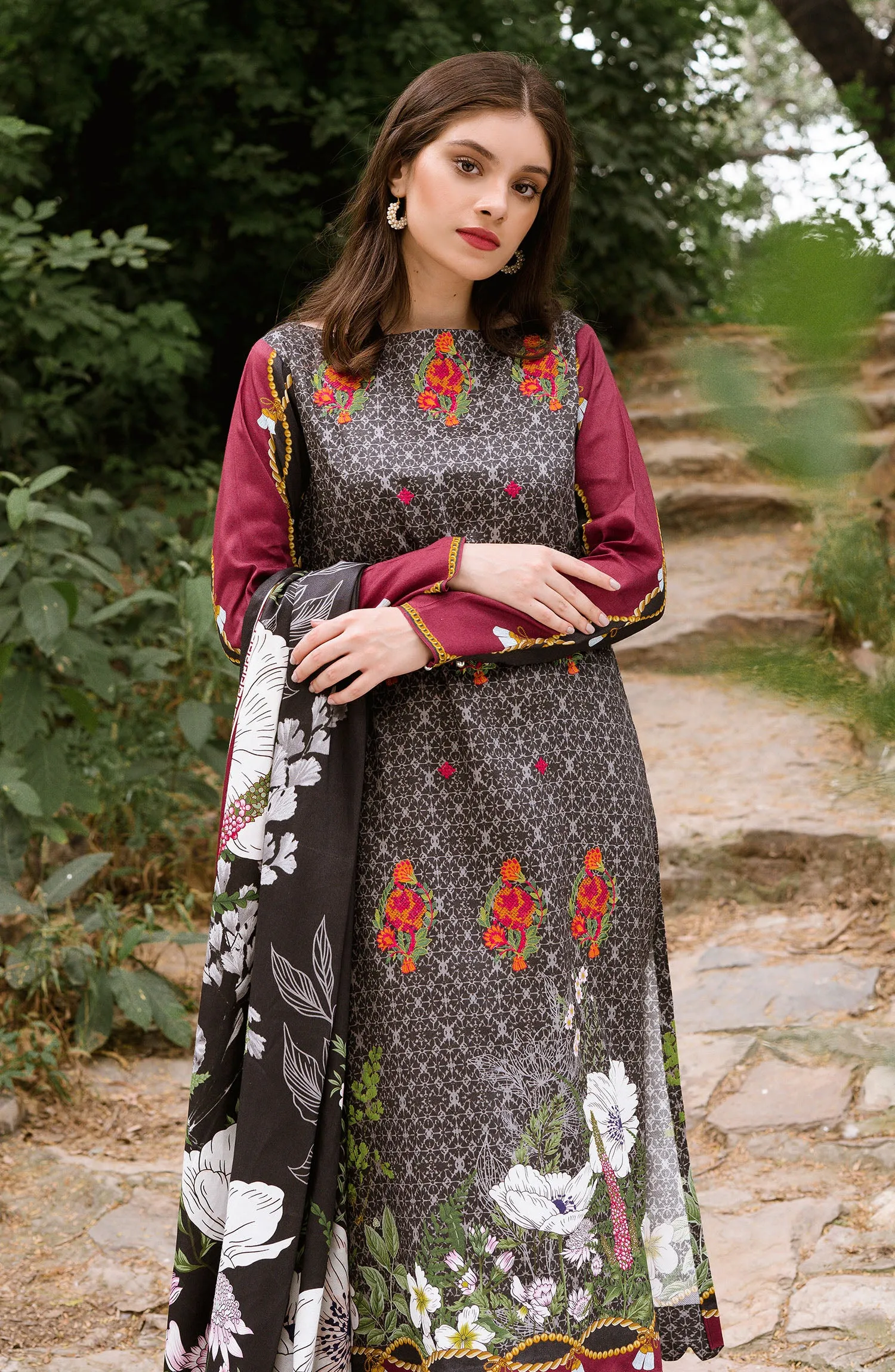 Unstitched 3 Piece Embroidered Cotton Linen Suit (OTL-20-217/A (BLACK))