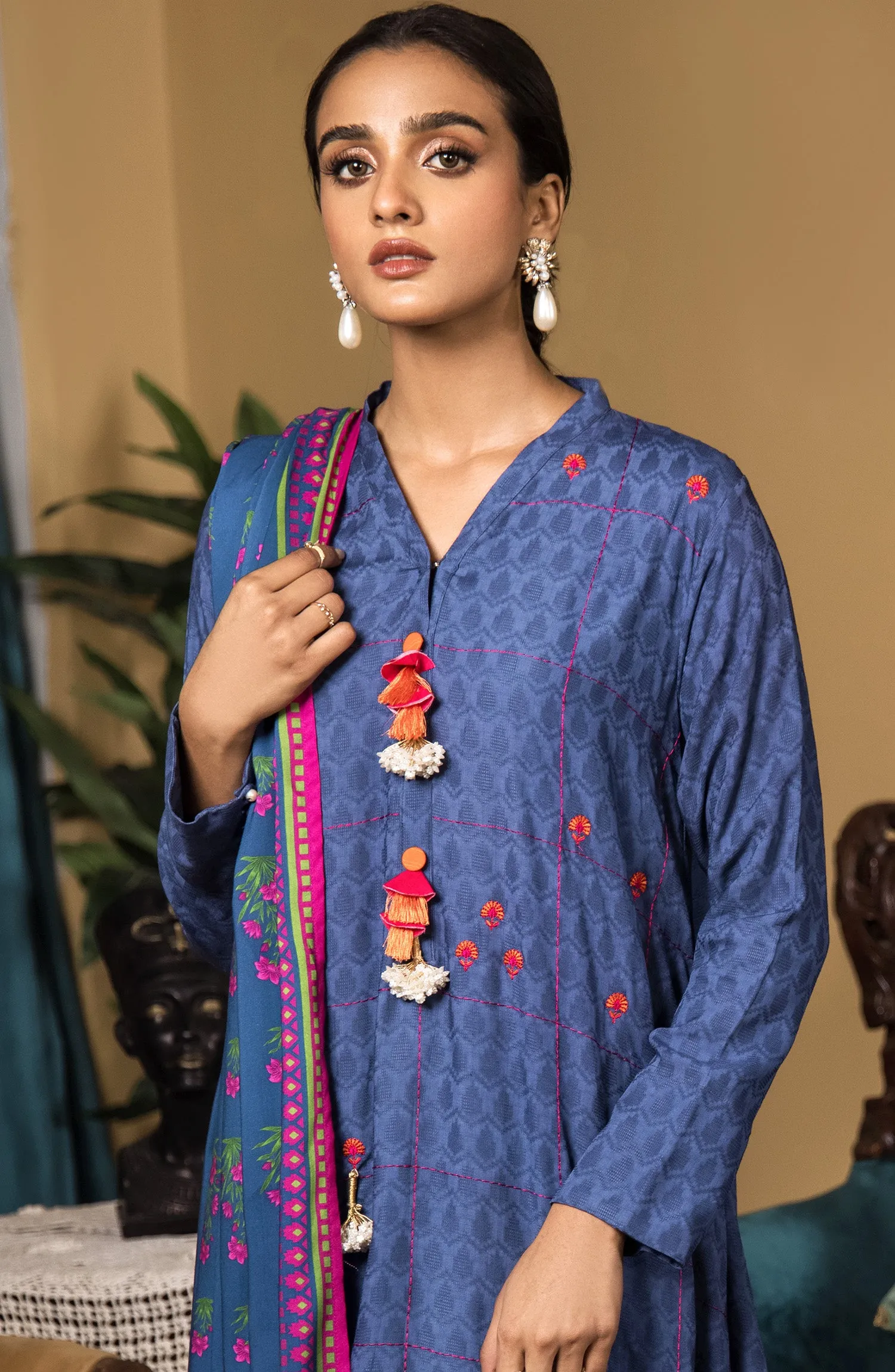 Unstitched 3 Piece Embroidered Linen Shirt , Linen Pant and Linen Dupatta (OTL-21-323/U BLUE)