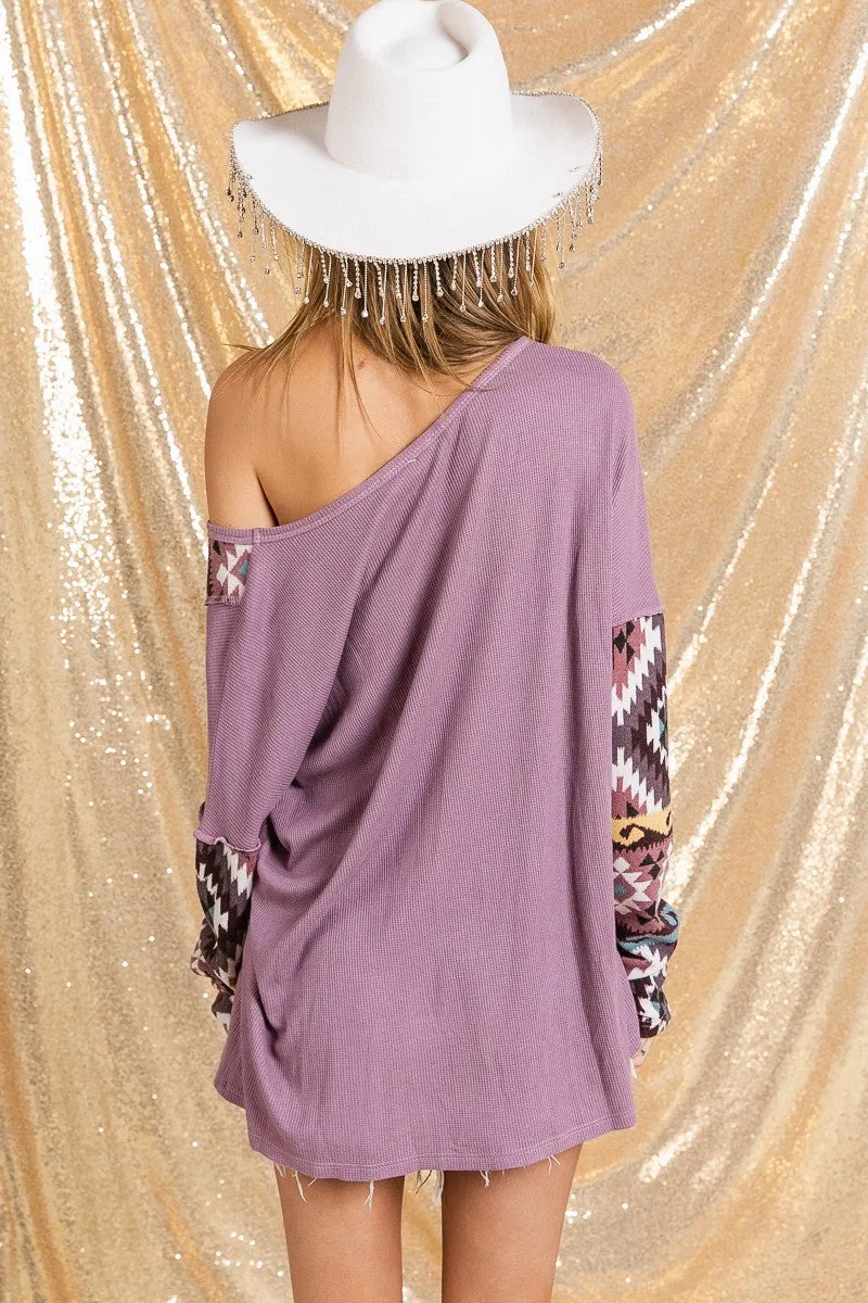 Vibrant Purple Aztec Waffle Knit Long Sleeve Top