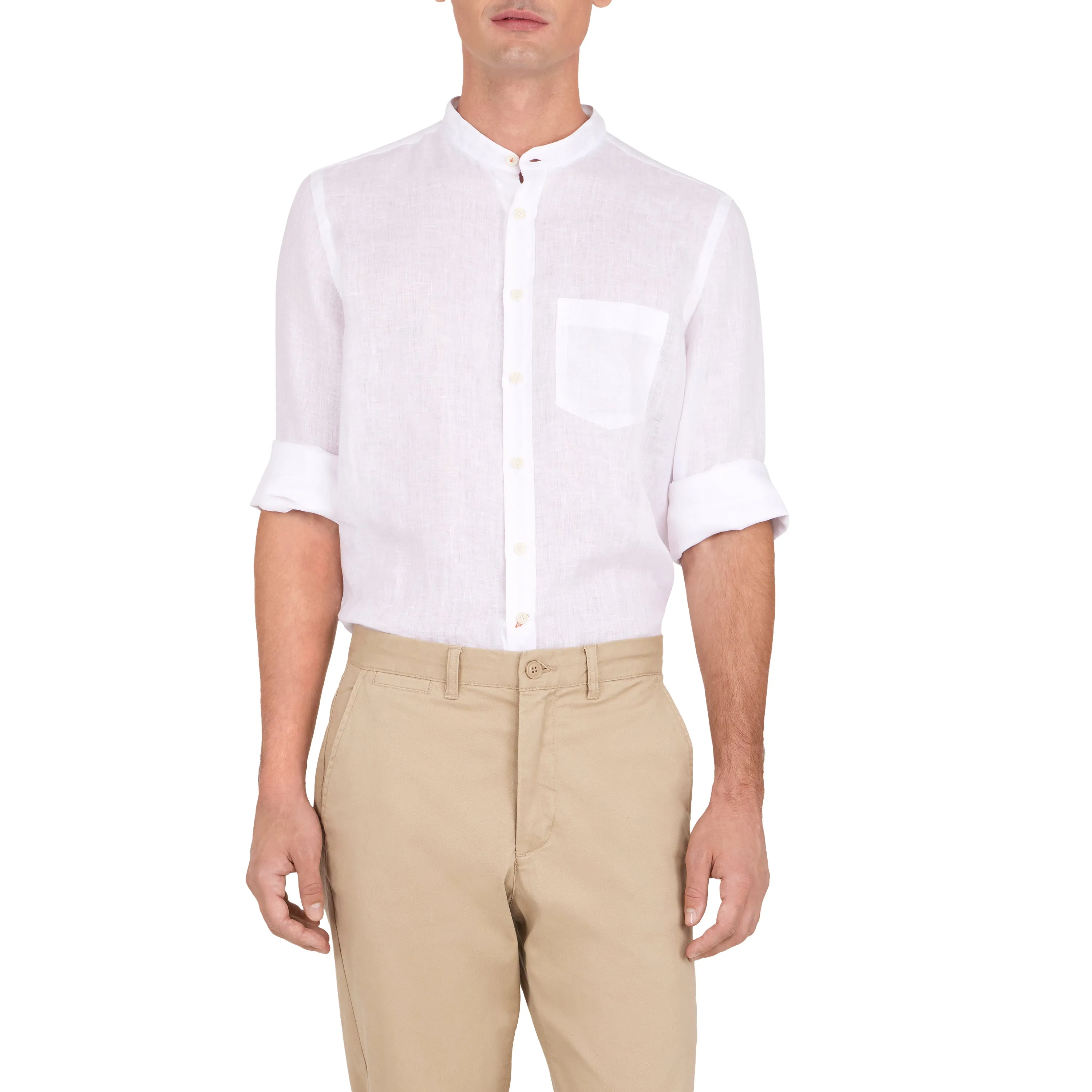 White Linen Band Collar Sport Shirt