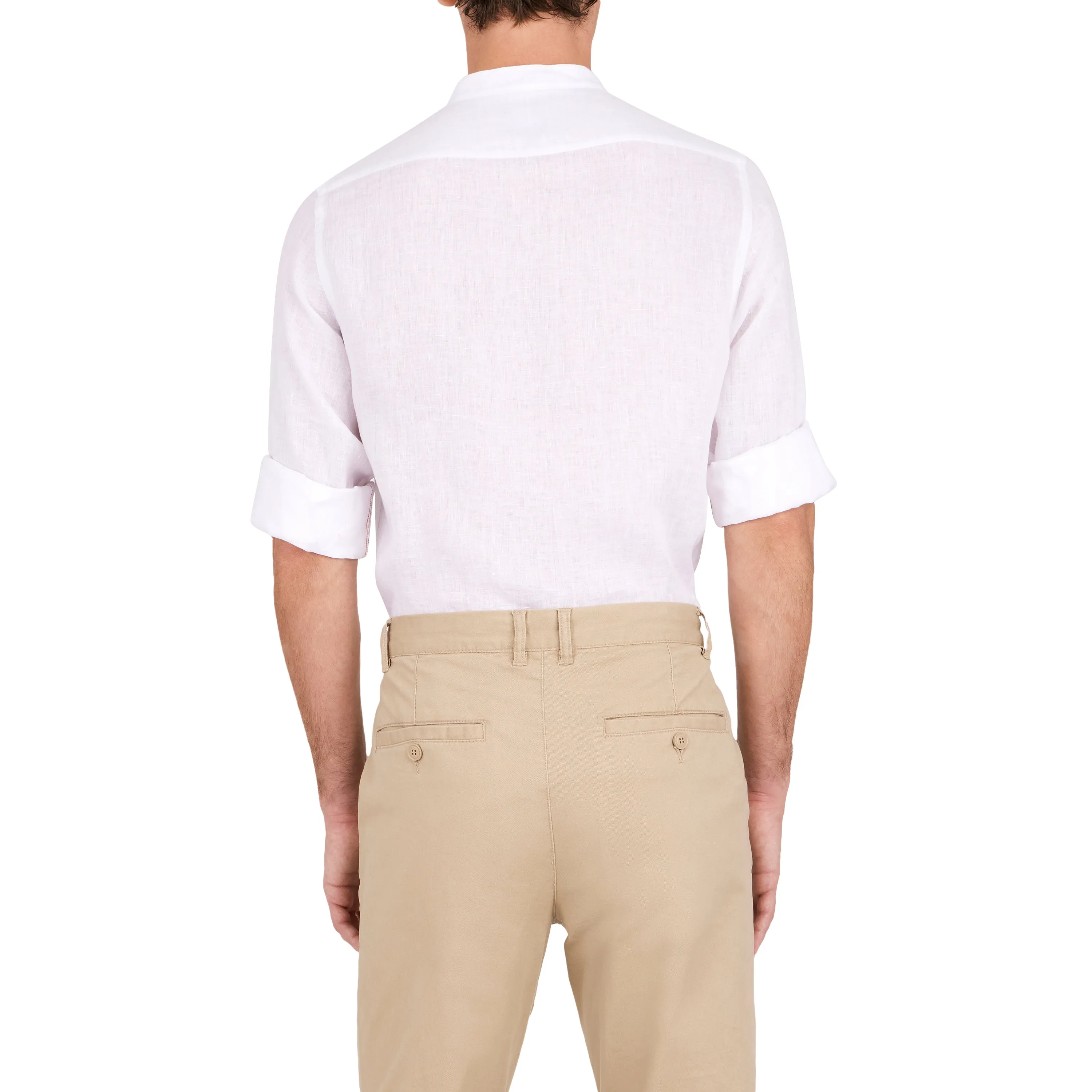 White Linen Band Collar Sport Shirt