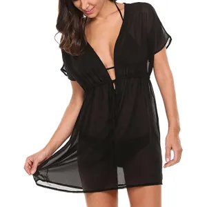 Women 2019 Sexy White Chiffon Beach Tunic Dress Deep V Cover Up Bikini