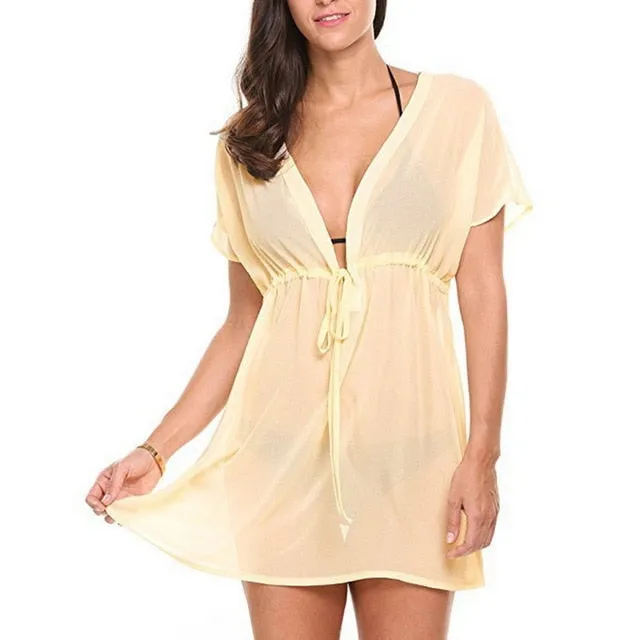 Women 2019 Sexy White Chiffon Beach Tunic Dress Deep V Cover Up Bikini