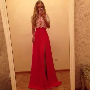 Women's Short Sleeve Lace Cover Slim Fitting Long Dress Gown