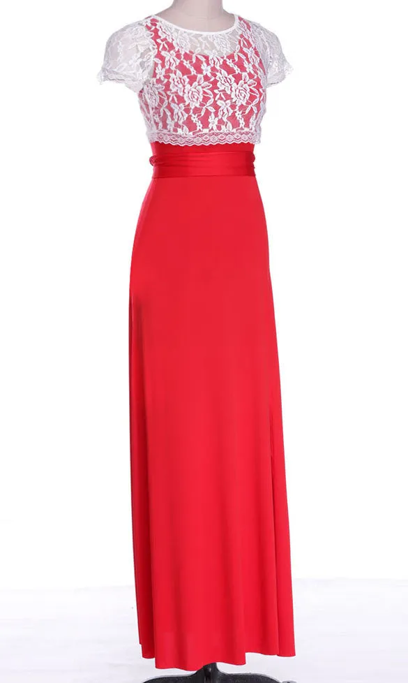 Women's Short Sleeve Lace Cover Slim Fitting Long Dress Gown