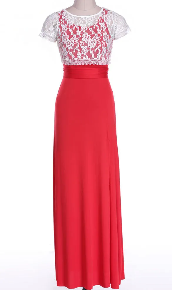 Women's Short Sleeve Lace Cover Slim Fitting Long Dress Gown